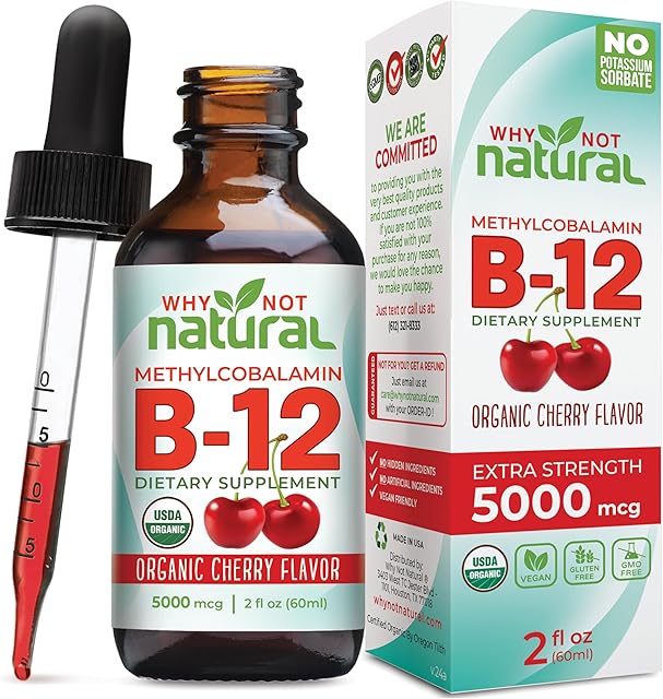 Why Not Natural Organic Vitamin B12 Liquid - Sublingual Extra Strength 60 x 5000 mcg Methylcobalamin Drops, Vegan, Maximize Absorption and Energy