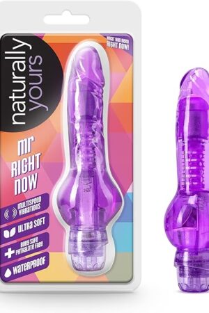 Blush Novelties Mr. Right Now - Petite 6.5 Inch Curved Vibrating Dildo - Powerful Tunable - Soft 1" Slim Shaft - IPX7 Waterproof for Bath Time Play - Beginners Sex Toy for Women - Clear Purple