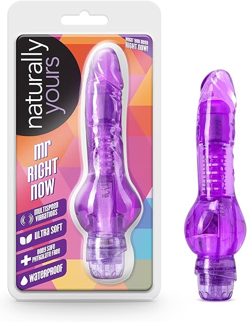 Blush Novelties Mr. Right Now - Petite 6.5 Inch Curved Vibrating Dildo - Powerful Tunable - Soft 1" Slim Shaft - IPX7 Waterproof for Bath Time Play - Beginners Sex Toy for Women - Clear Purple
