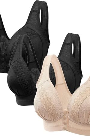 Daisy Bras for Older Women Front Closure Plus Size Sexy Lace 3 Pack Wireless Bras Comfortable Breathable Bralettes