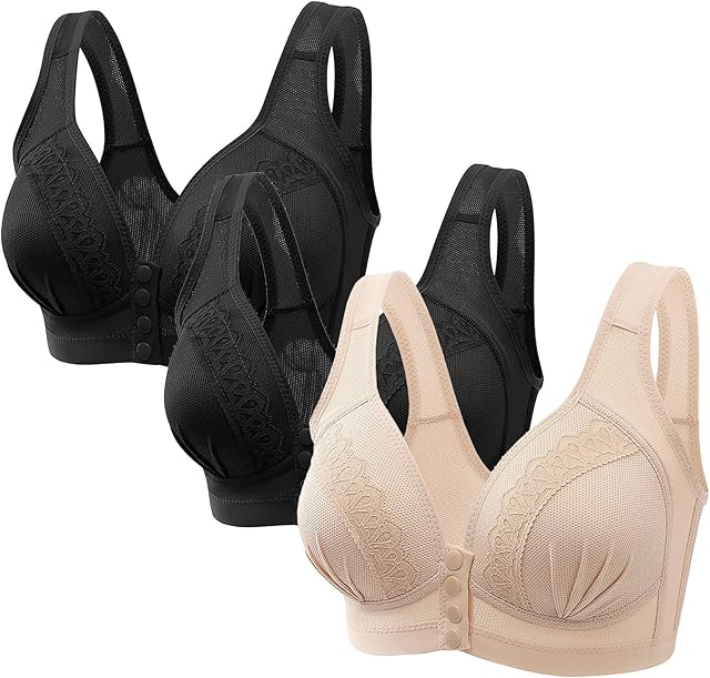 Daisy Bras for Older Women Front Closure Plus Size Sexy Lace 3 Pack Wireless Bras Comfortable Breathable Bralettes