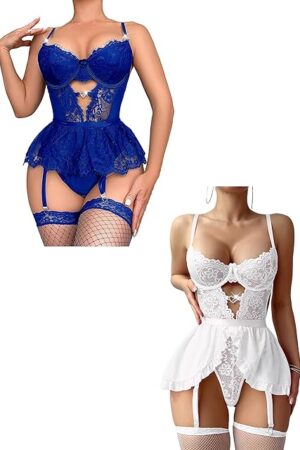 Garter Lingerie Set for Women Sexy Thigh Highs 4 Pieces Lingerie Set Underwired Push Up Bra and Panty Set