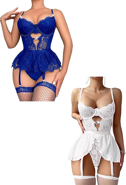 Garter Lingerie Set for Women Sexy Thigh Highs 4 Pieces Lingerie Set Underwired Push Up Bra and Panty Set
