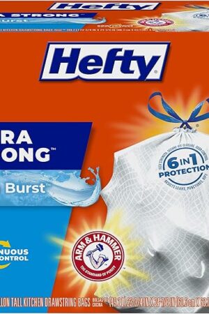 Hefty Ultra Strong 13 Gallon Trash Bags, Tall Kitchen Trash Bags 13 Gallon Size, Drawstring Closure, Continuous Odor Control, White, Clean Burst Scent, 80 Bags