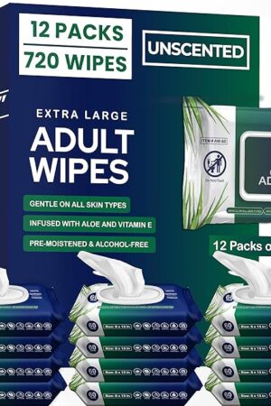 Adult Wipes For Elderly - 8"x13" Extra Large & Soft Wet Wipes for Adults Bathing No-Rinse - Incontinence Disposable Washcloths, Vitamin E & Aloe Infused for Men & Women 720ct (12 Packs of 60)