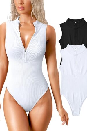 Womens 2 Piece Bodysuits Sexy Ribbed Stretch Sleeveless Zip Front Bodysuits