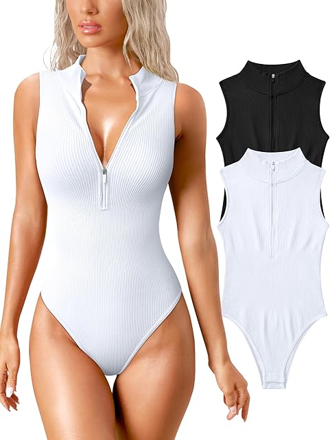 Womens 2 Piece Bodysuits Sexy Ribbed Stretch Sleeveless Zip Front Bodysuits