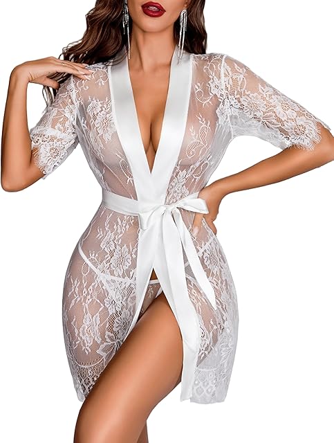 Women Kimono Robe Floral Lace Babydoll Lingerie Sheer Mesh Nightgown