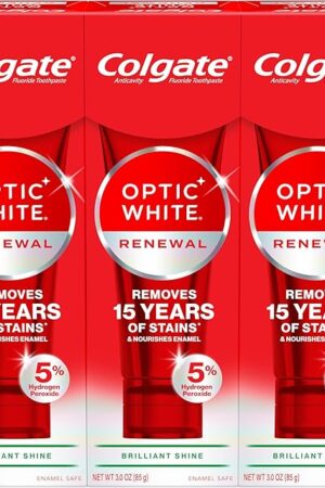 Colgate Optic White Renewal Teeth Whitening Toothpaste, Whitening Fluoride Toothpaste, Effectively Removes Tea, Coffee, and Wine Stains, Made with Hydrogen Peroxide, Brilliant Shine, 3 Pack, 30 oz