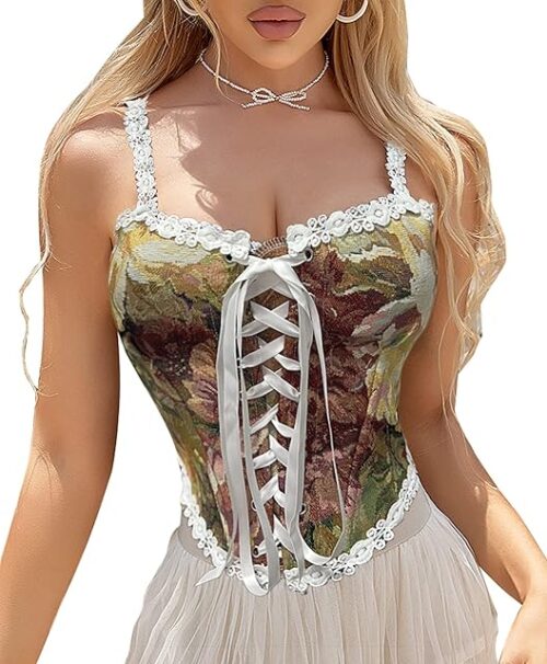 Womens Sexy Vintage 1920s Renaissance Lace Trim Corset Bustier