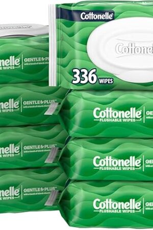 Cottonelle GentlePlus Flushable Wet Wipes with Aloe & Vitamin E, 8 Flip-Top Packs, 42 Wipes Per Pack (336 Total Wipes), Packaging May Vary