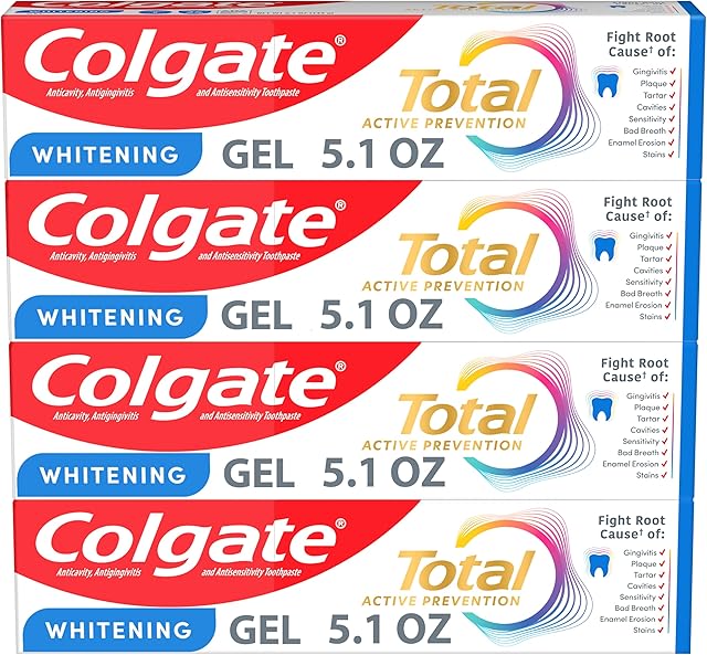 Colgate Total Whitening Toothpaste Gel, 10 Benefits, No Trade-Offs, Freshens Breath, Whitens Teeth and Provides Sensitivity Relief, Mint Flavor, 4 Pack, 51 Oz Tubes