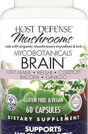 Host Defense MycoBotanicals Brain* Capsules - Brain Support Supplement with Lion's Mane, Reishi & Cordyceps Mushroom - Herbal Supplement for Memory & Focus Support - 60 Capsules (30 Servings)*