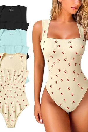 Women's 3 Piece Bodysuits Sexy Ribbed Strappy Square Neck Sleeveless Tummy Control Tank Tops Bodysuits