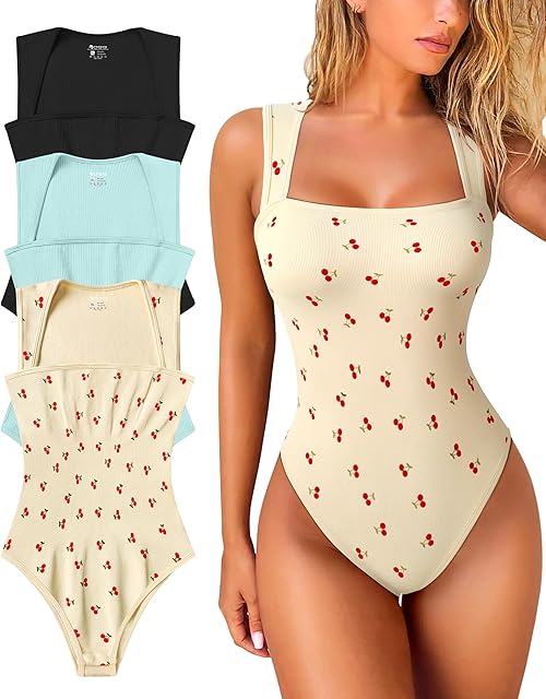 Women's 3 Piece Bodysuits Sexy Ribbed Strappy Square Neck Sleeveless Tummy Control Tank Tops Bodysuits
