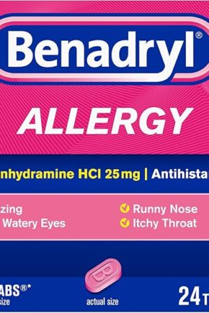 Benadryl Ultratabs Allergy Relief Medicine, 25 mg Diphenhydramine HCl Antihistamine Tablets For Relief of Cold & Allergy Symptoms Like Sneezing, Runny Nose, & Itchy Eyes & Throat, 24 ct