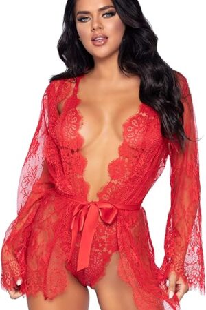 Women's 3 PC Love Affair Lace Robe and Teddy Set Sexy Lace Lingerie For Women, Red, Medium