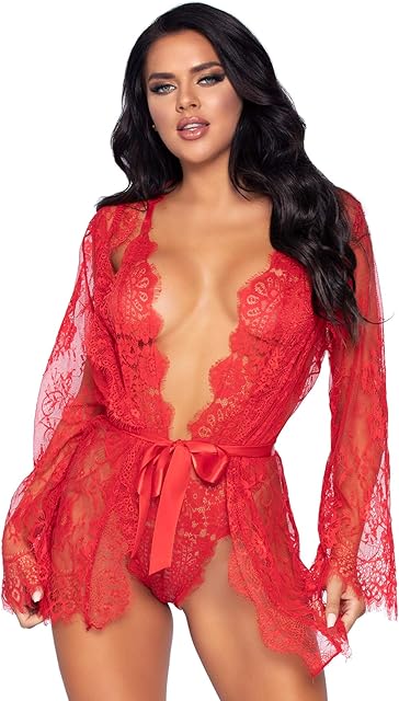 Women's 3 PC Love Affair Lace Robe and Teddy Set Sexy Lace Lingerie For Women, Red, Small