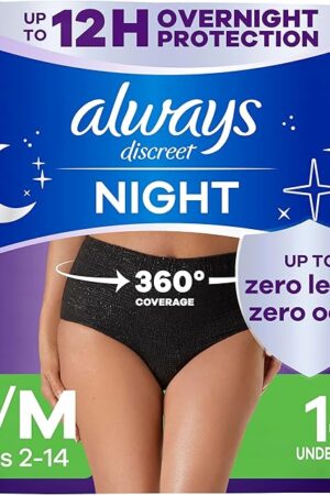 Always Discreet Adult Incontinence Overnight Underwear for Women, Small/Medium, Up to 100% Bladder Leak Protection, 14 Count