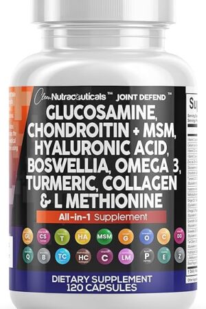 Clean Nutraceuticals Glucosamine Chondroitin MSM 1500mg with Turmeric Curcumin, Collagen, Hyaluronic Acid, Omega 3 ? Joint Health Supplement for Men & Women ? Joint Complex ? 120 Count