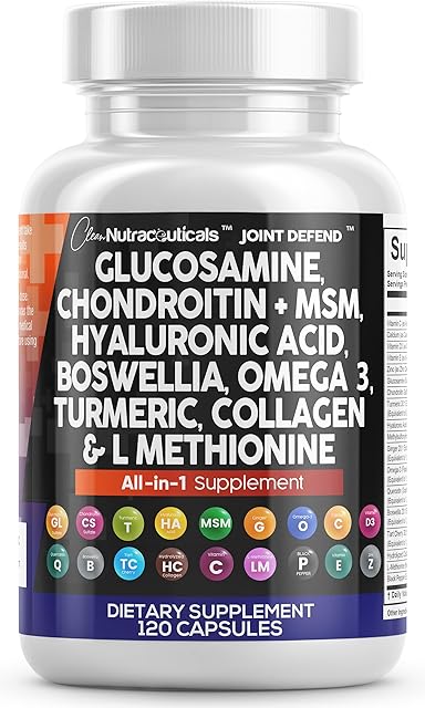 Clean Nutraceuticals Glucosamine Chondroitin MSM 1500mg with Turmeric Curcumin, Collagen, Hyaluronic Acid, Omega 3 ? Joint Health Supplement for Men & Women ? Joint Complex ? 120 Count