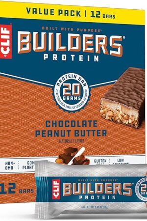 CLIF BUILDERS Protein Bars - Chocolate Peanut Butter Flavor - 20g Plant Based Protein - Gluten Free - Non-GMO - Low Glycemic - No Artificial Sweeteners - Value Pack, 24 oz (12 Count)