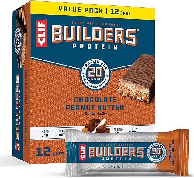 CLIF BUILDERS Protein Bars - Chocolate Peanut Butter Flavor - 20g Plant Based Protein - Gluten Free - Non-GMO - Low Glycemic - No Artificial Sweeteners - Value Pack, 24 oz (12 Count)