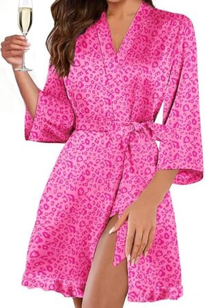 Women's Satin Robes Silk Kimono Bath Robe Short Ruffled Hem Bride Bridesmaid Sleepwear with Pockets