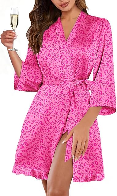 Women's Satin Robes Silk Kimono Bath Robe Short Ruffled Hem Bride Bridesmaid Sleepwear with Pockets