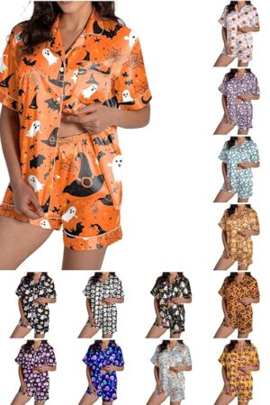 Halloween Pajamas Set Women 2PC Silk Satin Pumpkin Shorts Sets Short Sleeve Button Down Shirts + Bottoms Loungewear