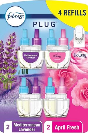 Febreze Odor-Fighting Fade Defy PLUG Air Freshener,Downy April Fresh, Mediterranean Lavender, 87 fl oz Oil Refills, 4 Refills (2 of Each)