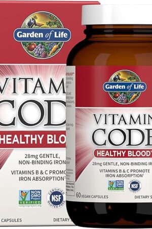 Garden of Life Vitamin Code Healthy Blood - Iron Supplement for Women, 60 Vegan Capsules, with Vitamins B, C, Trace Minerals, Fruit Veggies, Probiotics - for Energy and Anemia Support