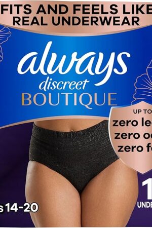 Always Discreet Boutique Incontinence and Postpartum Underwear for Women, Maximum Protection, Large, Black, 18 Count
