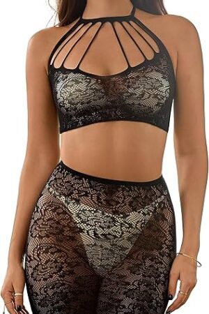 Women's Mesh Fishnet Lace Lingerie Set Halter Neck Tube Top with Skirt Hollow-Out ClubWear 2 Piece Costume Set