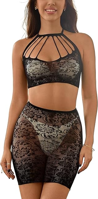 Women's Mesh Fishnet Lace Lingerie Set Halter Neck Tube Top with Skirt Hollow-Out ClubWear 2 Piece Costume Set