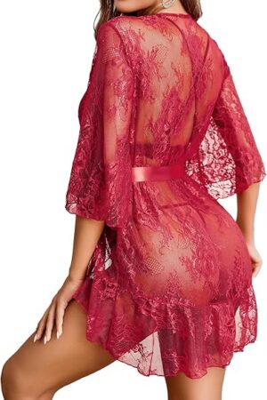 Babydoll Lingerie for Women Sexy Robes See Through Lingerie Dress Sheer Nightdress Wine Red XXL