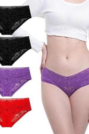Floral Lace Hipster Panties For Women Comfortable Low Rise Cotton Crotch Lady Bikini Underwear Pack 4