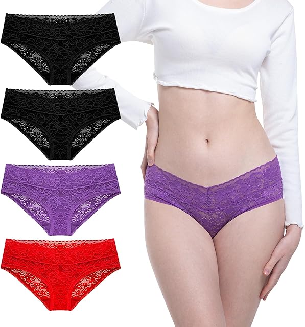 Floral Lace Hipster Panties For Women Comfortable Low Rise Cotton Crotch Lady Bikini Underwear Pack 4