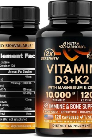 Vitamin D3 K2 - Vitamin D3 10000 iu & K2 as MK-7 120 mcg - Immune & Mood Support, for Bone & Teeth Health - with Magnesium, Zinc & Vitamin C & B12 - Highly Bioavailable - Made in USA, 120 Capsules