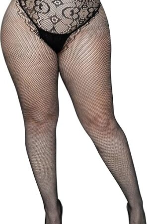 Women's Plus Size French Cut Fishnet Tights With Faux Lace Up Backseam, Black, 1X-2X
