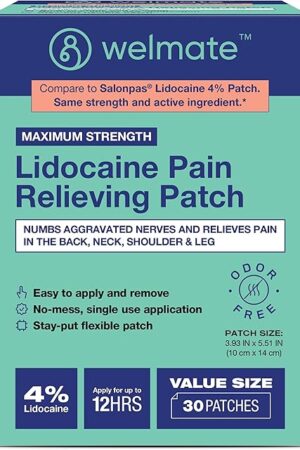 WELMATE - 4% Lidocaine Numbing Patch - Maximum Strength - Temporary Relief of Pain, Back, Neck, Shoulders, Knees, Elbows, Minor Skin Irritations - Topical Analgesic Unscented - 30 ct