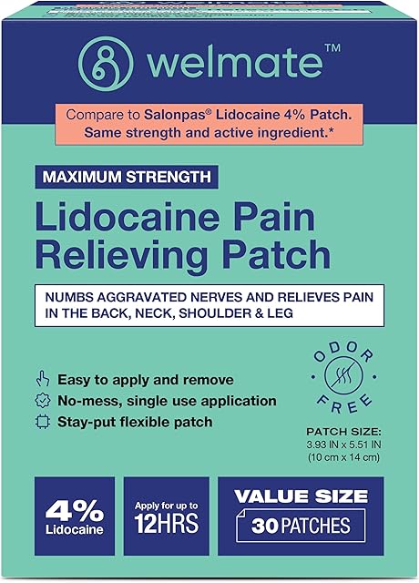 WELMATE - 4% Lidocaine Numbing Patch - Maximum Strength - Temporary Relief of Pain, Back, Neck, Shoulders, Knees, Elbows, Minor Skin Irritations - Topical Analgesic Unscented - 30 ct