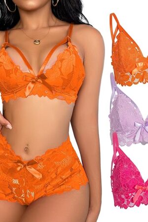 Womens Sexy Deep V Lingerie Sets 3 Pack Floral Lace Bralette High Waist Panties Pajamas Stretch for Wedding Honeymoon