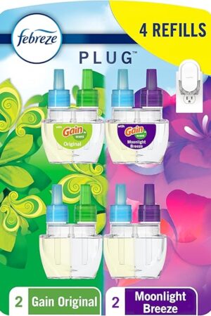 Febreze Odor-Fighting Fade Defy PLUG Air Freshener, Gain Moonlight Breeze, Gain Original, 087 fl oz Oil Refills, 4 Refills (2 of Each)