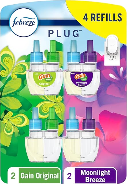 Febreze Odor-Fighting Fade Defy PLUG Air Freshener, Gain Moonlight Breeze, Gain Original, 087 fl oz Oil Refills, 4 Refills (2 of Each)