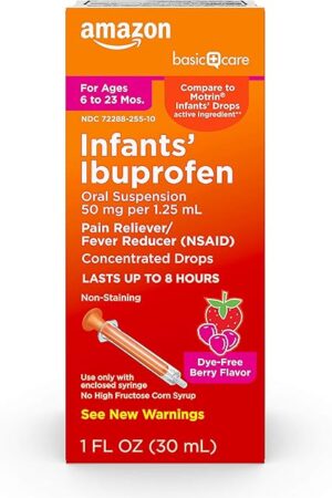 Amazon Basic Care Infants? Ibuprofen Oral Suspension, 50 mg/125 mL, Berry Flavor Concentrated Drops, Dye-Free, 1 fl oz (Pack of 1)