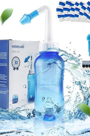 Waterpulse Neti Pot Sinus Rinsing,Nasal Wash Bottle Sinus Rinsing Bottle Cleaner Pressure Irrigation Neti-Pot with Sticker Thermometer for Adult & Kid (300ml with 30 Nasal Wash Salt Packets,Blue)