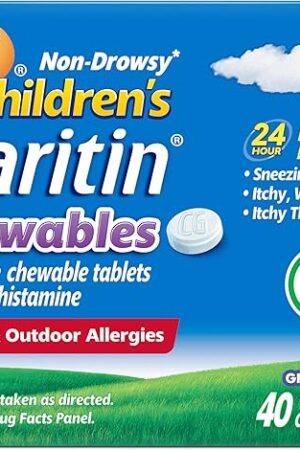 Claritin Children's Allergy Medicine, 24-Hour Non-Drowsy Loratadine 5mg Chewable Tablet, Antihistamine for Kids Ages 2 Years and Older, Grape Flavored, 40 tablets