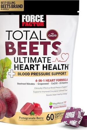 FORCE FACTOR Total Beets Ultimate Heart Health Chews for Blood Pressure Support, with Beetroot Powder, CoQ10, B Vitamins & Grapeseed Extract for Blood Flow & Energy, Pomegranate Berry, 60 Soft Chews