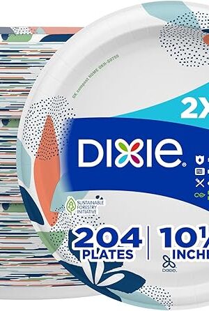 Dixie Large Paper Plates, 10 Inch, 204 Count, 2X Stronger*, Microwave-Safe, Soak-Proof, Cut Resistant, Disposable Plates For Everyday Breakfast, Lunch, & Dinner Meals